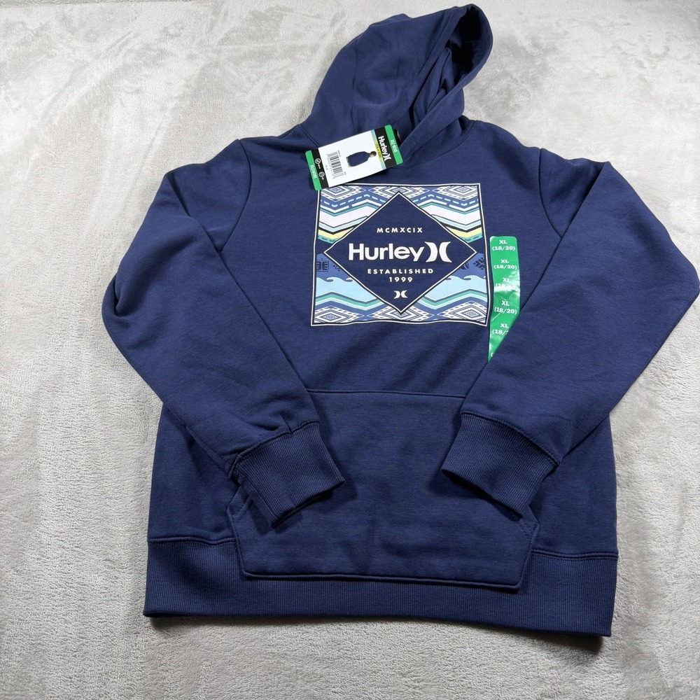 Hurley Boys Youth XL 18/20 Hoodie Navy Blue Fleece Pullover Logo Sweatshirt